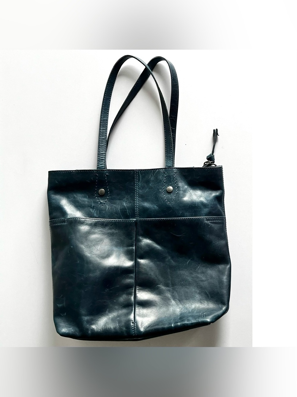 Frye Melissa blue leather tote simple laptop zip top shoulder bag pockets padded